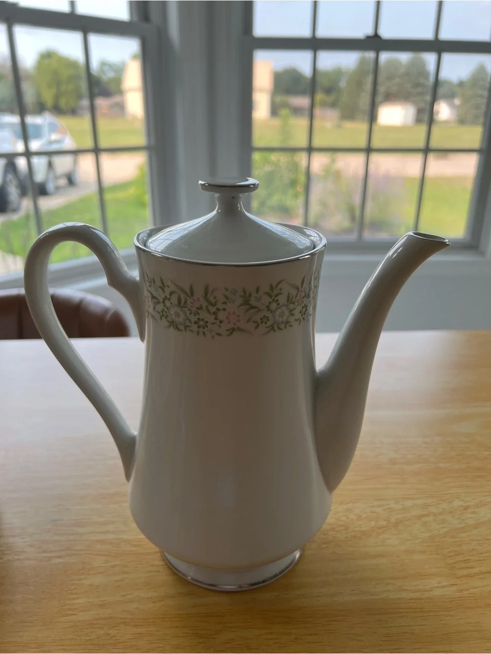 White Floral Ceramic Coffee/Tea Pot with Green Accent